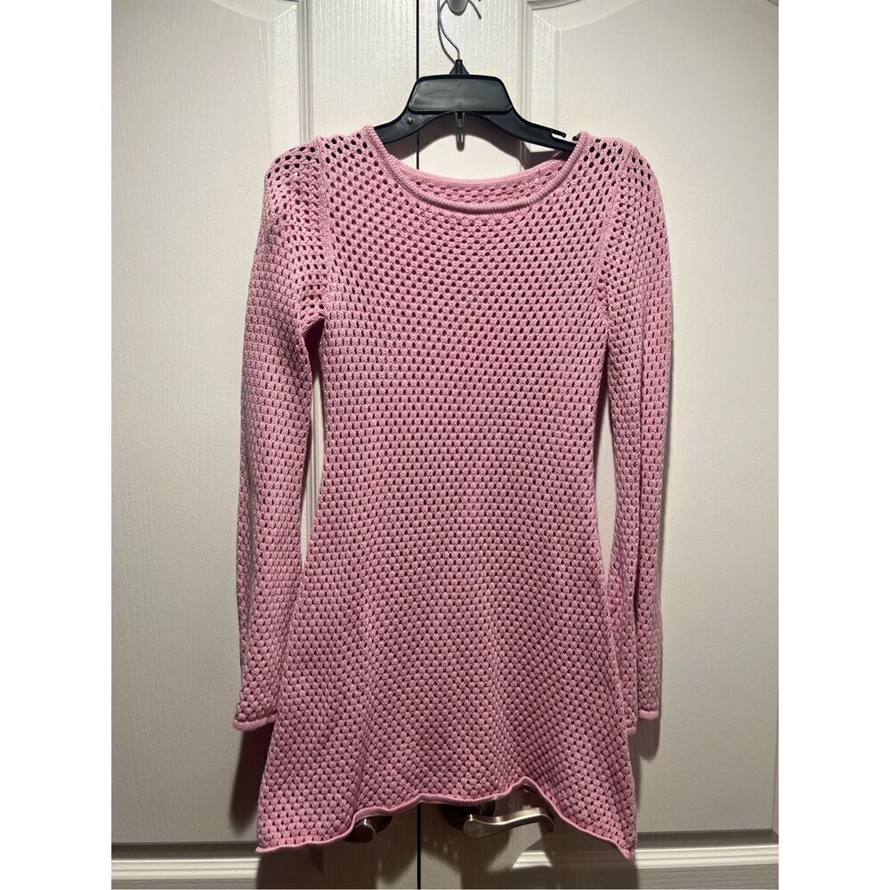 Womens Pink Crotchet Open-Knit Long Sleeve Mini Dress Small size S Beachwear
